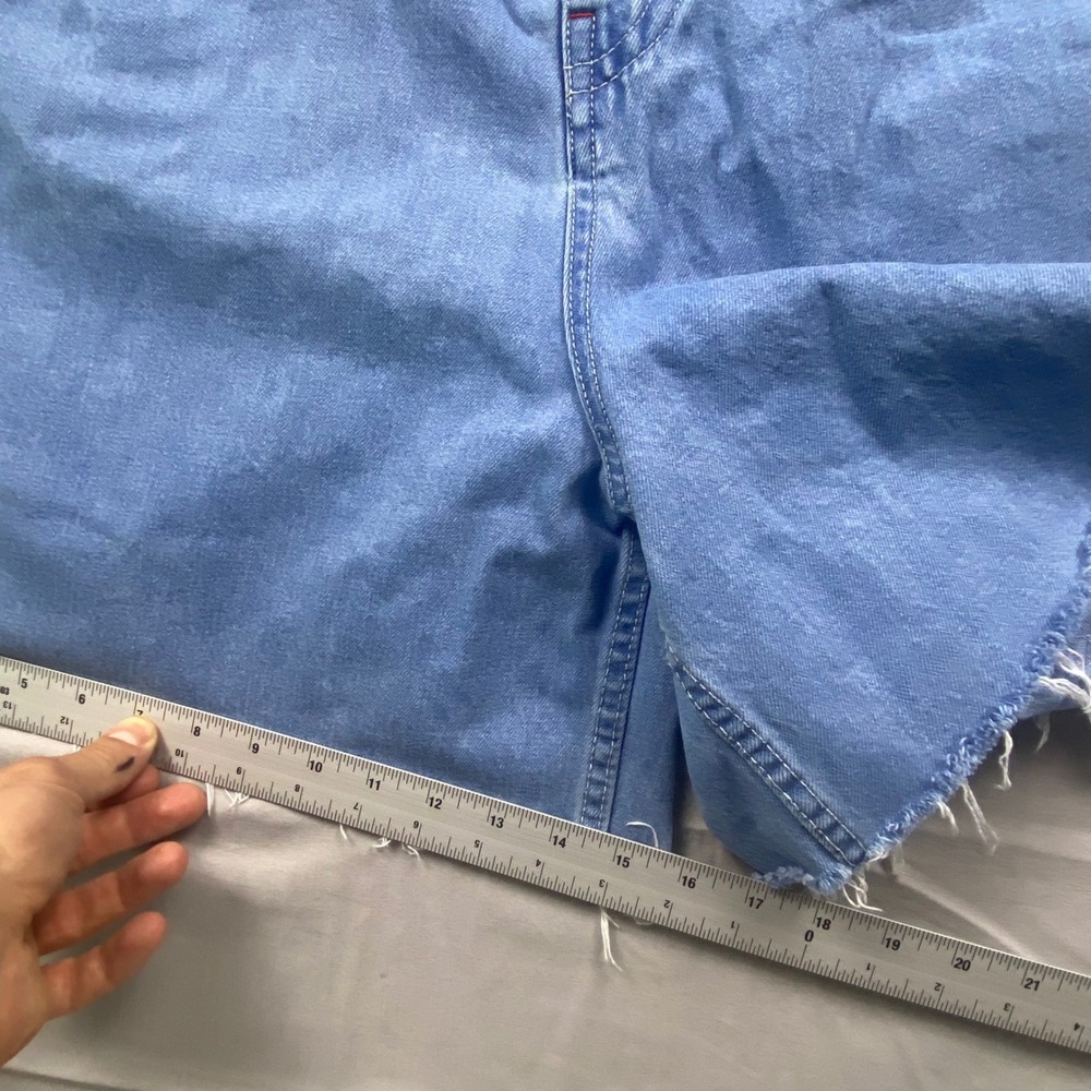 A-Lab Womens Y2K Denim Shorts Size 38 Blue Raw Hem Rave Skater Graphic Patch - Picture 10 of 14
